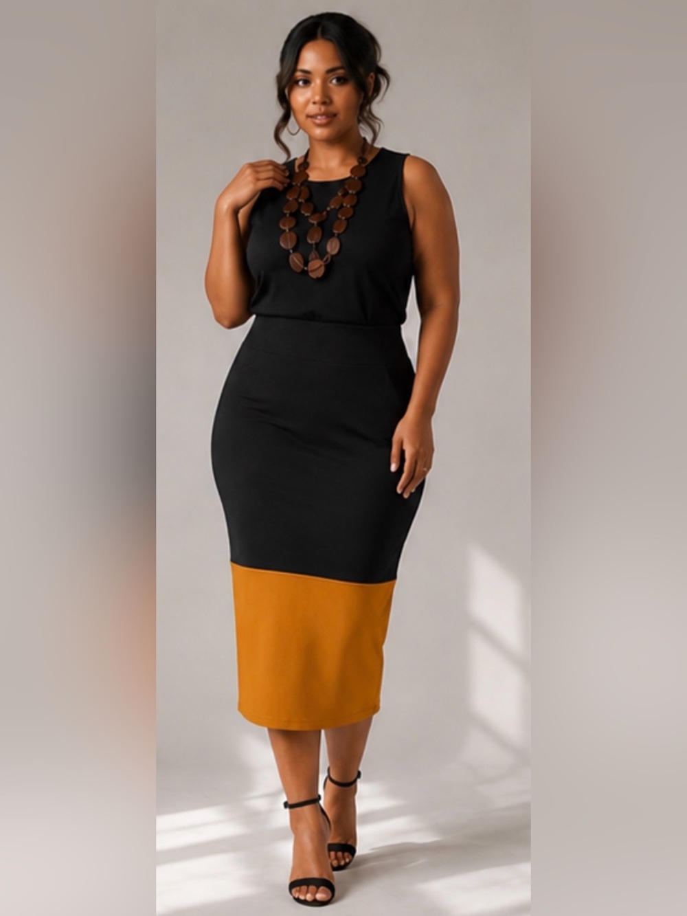 Colorblock Black and Mustard Midi Pencil Skirt NWT